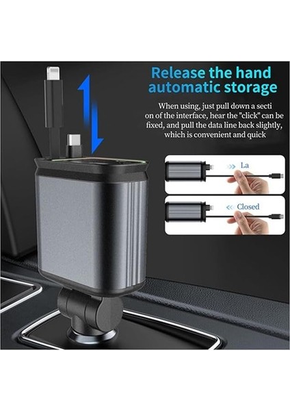 4'ü 1 Arada Çift USB Bağlantı Noktalı, Type-C Pd Hızlı Şarjlı 66W,GERI Çekilebilir Araç Telefonu Şarj Cihazı fırsatları