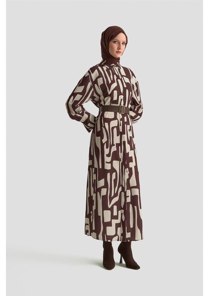 Soyut Desenli Elbise 25KD1013 Vizon