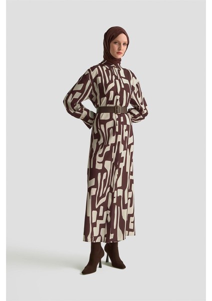 Soyut Desenli Elbise 25KD1013 Vizon modelleri