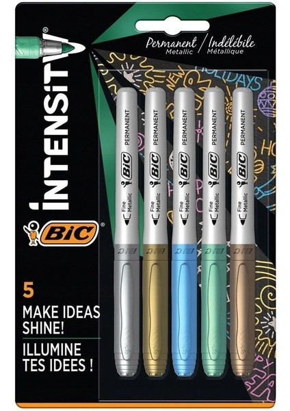 Intensity Permanent Marker Metalik Kalıcı Işaretleyiciler - 5'li Paket - Çeşitli Metalik Renkler - Koyu ve Açık Yüzeyler Için - Düşük Koku