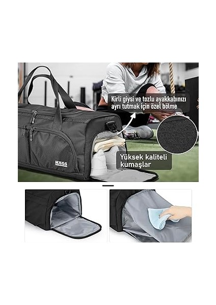 Spor Çantası, 10 Cepli, Ayakkabı Bölmeli, Su Geçirmez Islak Eşya Keseli, Organizer Tasarımlı Dayanıklı Bay Bayan Seyahat Çantası, Gym, Fitness Çantası - Siyah fırsatları