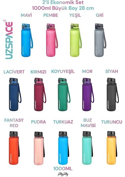 2'li Tritan Matara Seti 1000 ml Büyük Boy 14 Farklı Renk Seçeneği Fiftyfifty fırsatları