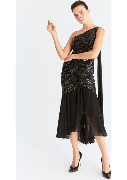 Payetli Tek Omuz Abiye Elbise Siyah K2011303_001