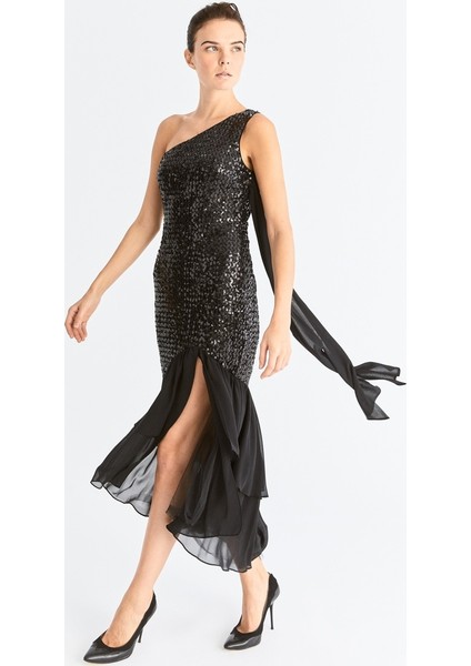 Payetli Tek Omuz Abiye Elbise Siyah K2011303_001 fiyatları