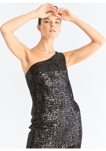 Payetli Tek Omuz Abiye Elbise Siyah K2011303_001 modelleri
