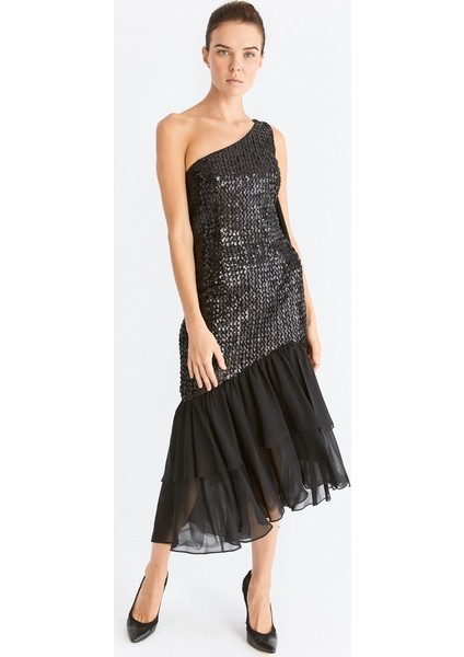 Payetli Tek Omuz Abiye Elbise Siyah K2011303_001 fırsatları