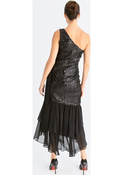 Payetli Tek Omuz Abiye Elbise Siyah K2011303_001 indirimleri