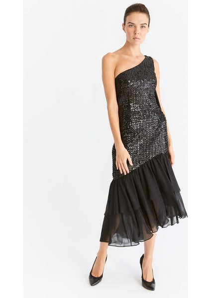 Payetli Tek Omuz Abiye Elbise Siyah K2011303_001