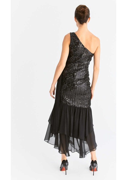 Payetli Tek Omuz Abiye Elbise Siyah K2011303_001