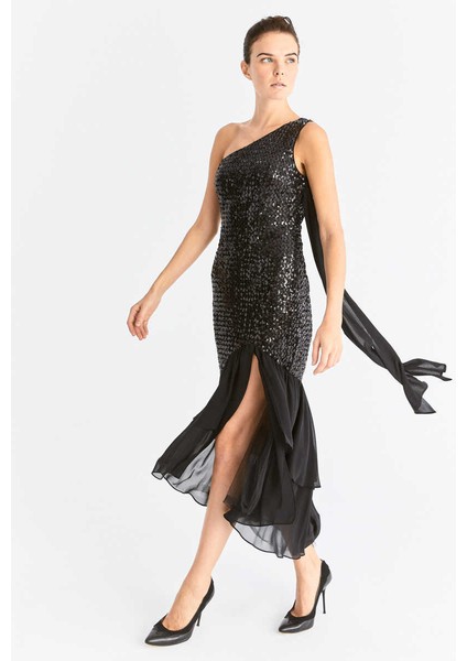 Payetli Tek Omuz Abiye Elbise Siyah K2011303_001