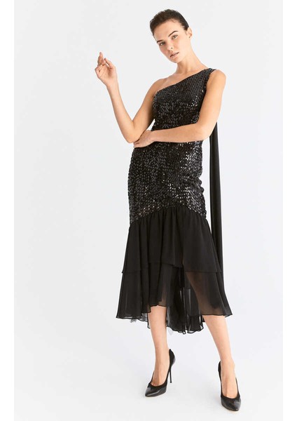 Payetli Tek Omuz Abiye Elbise Siyah K2011303_001