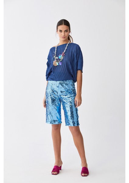 Payetli Bermuda Kadın Pantolon Mavi Y2012119_036