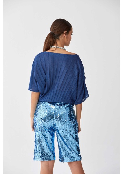 Payetli Bermuda Kadın Pantolon Mavi Y2012119_036 modelleri