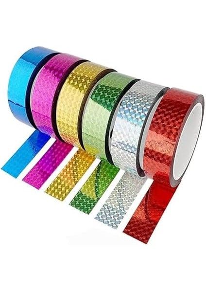 Renkli Hologram Bant 6 Renk 1 Paket 18MM x 3 Metre Yaldızlı Metalik Desenli Fosforlu Hologram Bant Hobi Tasarım