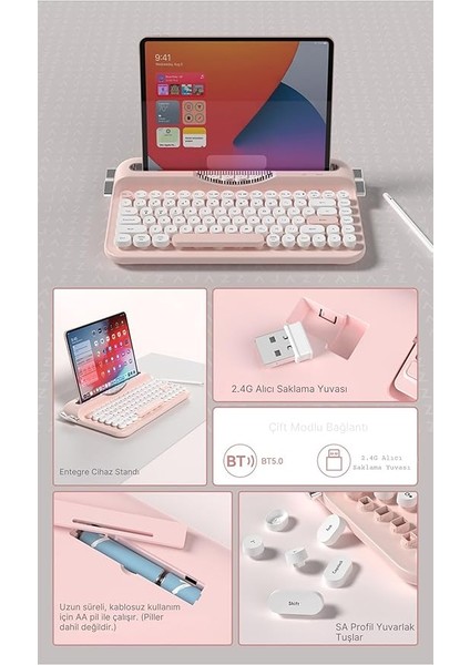 Kablosuz Bluetooth & 2.4g Çift Modlu Retro Daktilo Tasarımlı Klavye – Yuvarlak Tuşlu, Tablet & Telefon Standlı, Ergonomik, Taşınabilir, Pille Çalışan, Sessiz ve Konforlu Ajazz AF84 Pembe fırsatları