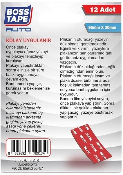 Tape 3m Yapıştırıcılı Plaka Yapıştırma Bandı 12 Adet modelleri