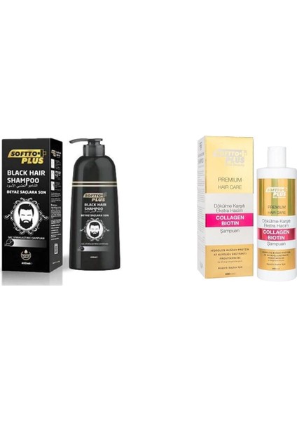 Plus Saç Siyahlaştırıcı Şampuan 350 ml + Anti-Haır Loss Extra Volume Collagen Bıotın Şampuan 400 ml