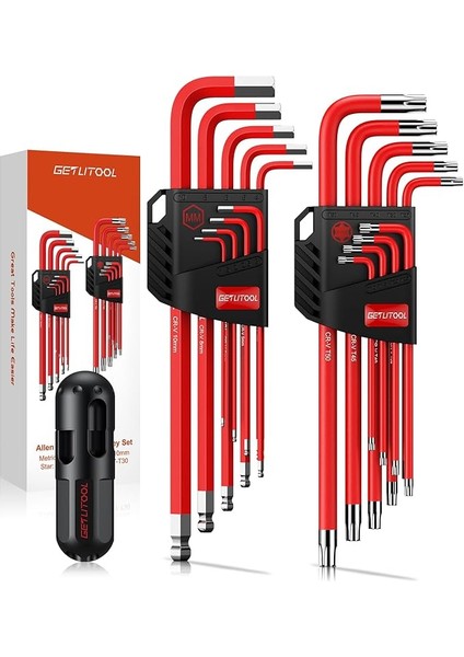Uzun Alyan Anahtar Seti, 18 Adet Cr-V Metrik Alyan Anahtarı Seti, T Saplı, Top Uçlu Altıgen Anahtar ve Torx Anahtar Seti, Boyut Işaretli ve Bisiklet Tamiri Için Saklama Braketi, Ev Kendin