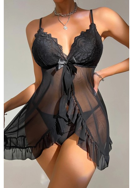 Kadın Siyah Dantelli, Fırfırlı Tül ve Fiyonk Detaylı Tangalı Gecelik Takımı indirimleri