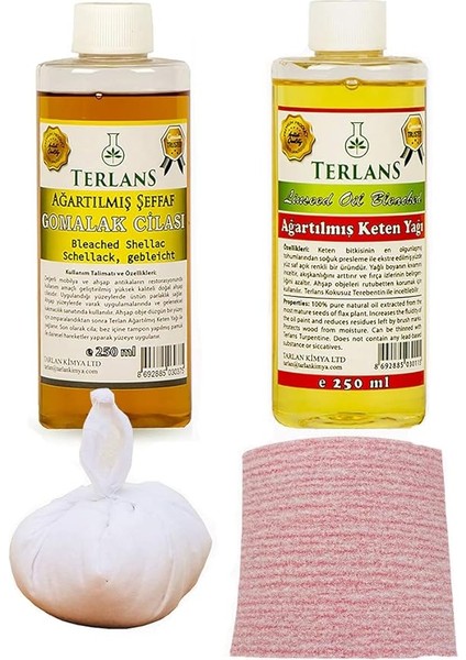 Doğal Ahşap Cila Seti Şeffaf Gomalak + Keten Yağı + Sürme Topu + Süngerli Zımpara