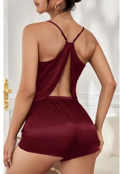 Kadın Bordo Asimetrik Sırt Dekolte Detaylı Şık Şortlu Gecelik Takım fiyatları