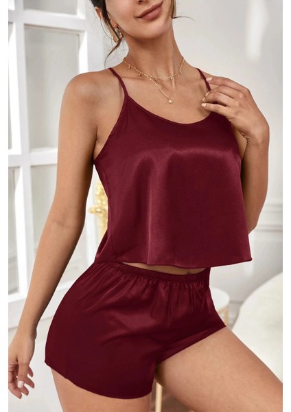 Kadın Bordo Asimetrik Sırt Dekolte Detaylı Şık Şortlu Gecelik Takım indirimleri