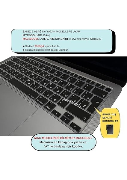 MacBook Air 13 Klavye Kılıfı – A2179 / A2337 M1 Uyumlu, Rusça Harf Baskılı, Türkçe & Uk Iso Ters L Enter, Silikon Koruma Siyah fiyatları