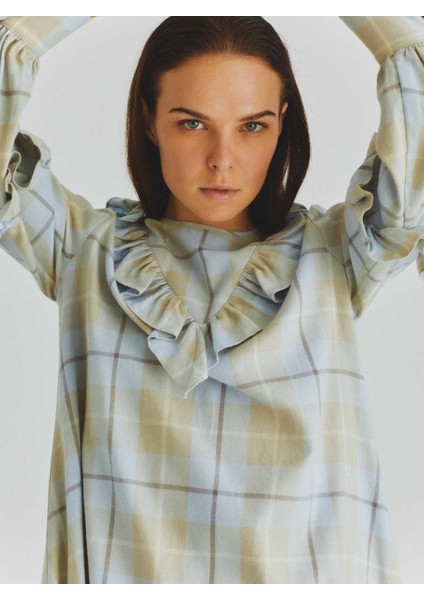 Fırfır Detaylı Ekose Günlük Elbise Mavi K2011096_036 modelleri