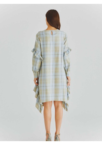 Fırfır Detaylı Ekose Günlük Elbise Mavi K2011096_036 fırsatları