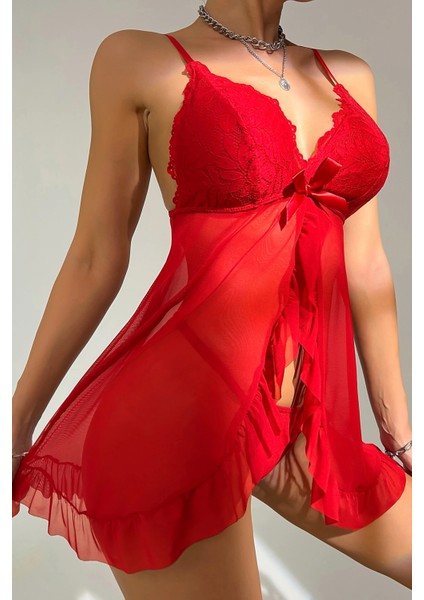 Kadın Kırmızı Dantelli, Fırfırlı Tül ve Fiyonk Detaylı Tangalı Gecelik Takımı fırsatları