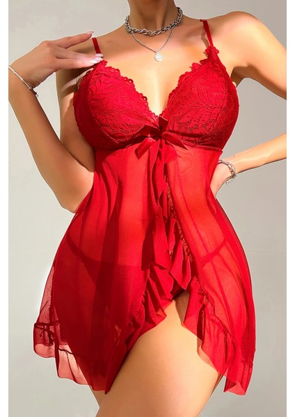 Kadın Kırmızı Dantelli, Fırfırlı Tül ve Fiyonk Detaylı Tangalı Gecelik Takımı indirimleri