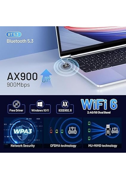 Wifi 6 Bluetooth 5.3 USB 2'si 1 Arada Adaptör, Wifi Adaptörü ve Bluetooth Çift Bantlı 2.4/5ghz AX900MBPS, Pc/dizüstü Bilgisayar/masaüstü Için, Sürücüsüz Mini USB Wifi Adaptörü, WINDOWS10/11'I modelleri