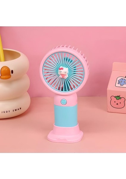 Şarjlı Taşınabilir Masaüstü Kullanımlı, Telefon Stantlı Mini El Fanı Soğutucu Güçlü Pervane (Mavi-Pembe)