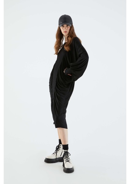 Volanlı Büzgülü Uzun Elbise Siyah K2111014_001 fiyatları