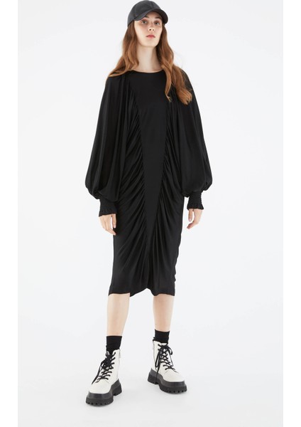 Volanlı Büzgülü Uzun Elbise Siyah K2111014_001 modelleri