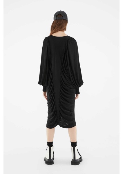 Volanlı Büzgülü Uzun Elbise Siyah K2111014_001 indirimleri