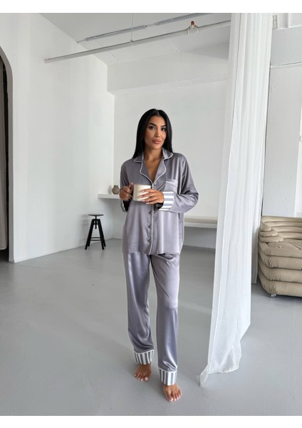 Vs Klasik Saten Pijama Takımı Gri