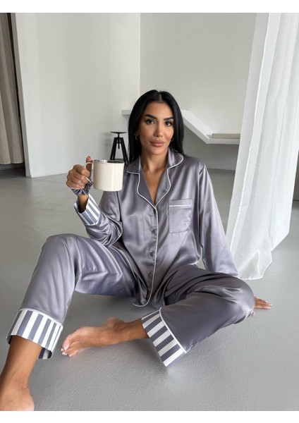 Vs Klasik Saten Pijama Takımı Gri modelleri