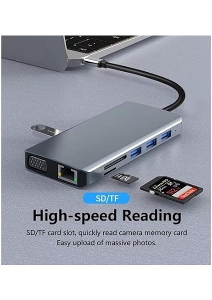 Fc-31 Macbook Uyumlu Type-C™ Usb-C To 4* USB 3.0 4K 1080P Hd HDMI VGA 1000 Mbps RJ45 Pd Aux Ses Sd Tf Kart 11IN1 Çevirici Hub Adaptör fırsatları