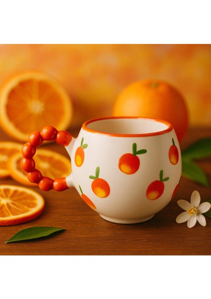 Inci Kulp Detaylı Özel Kabartmalı Portakal Desenli El Işlemeli Seramik Kupa