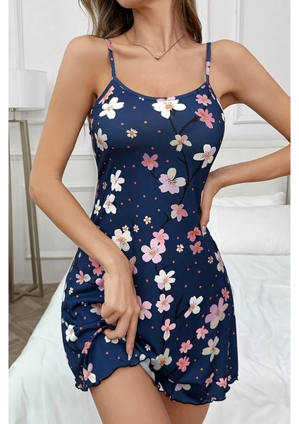 Çiçek Desenli Mavi Askılı Gecelik