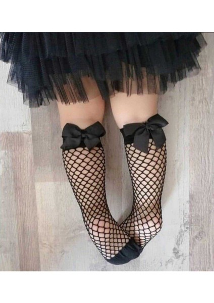 Siyah Fileli Diz Altı Fiyonklu Kız Çocuk Çorap fiyatları