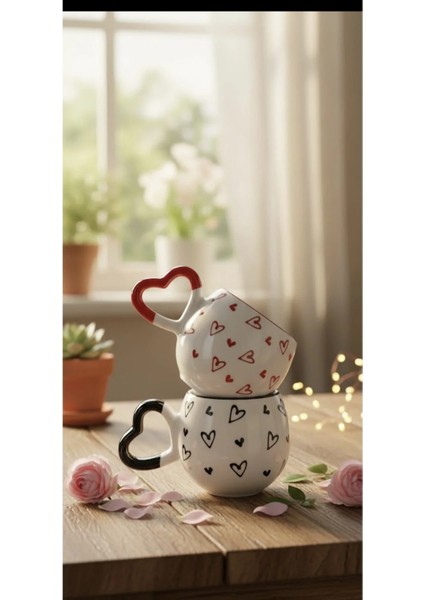 2 ' Li Kalp Kulp Detaylı Özel Kabartmalı Sevgili El Işlemeli Seramik Kupa
