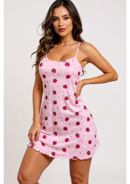 Pembe Çilek Desenli Askılı Kadın Gecelik fiyatları
