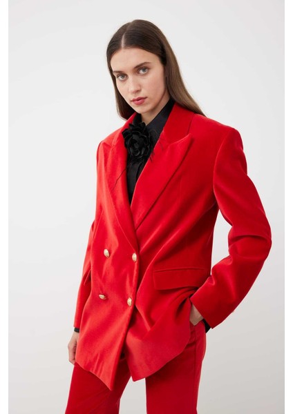 Kruvaze Gold Düğmeli Kadife Ceket Kırmızı K2316052_006