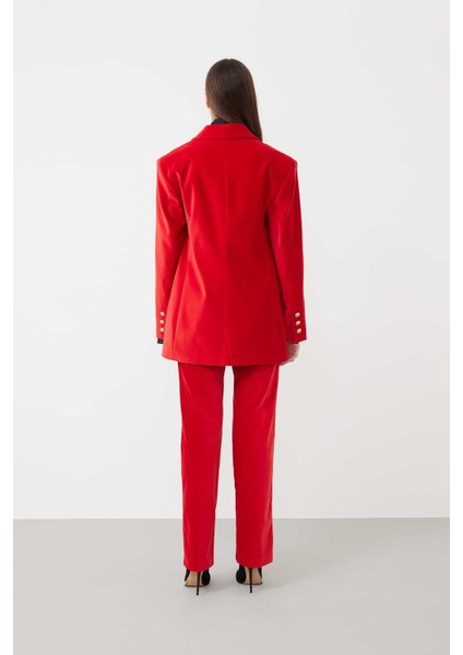 Kruvaze Gold Düğmeli Kadife Ceket Kırmızı K2316052_006