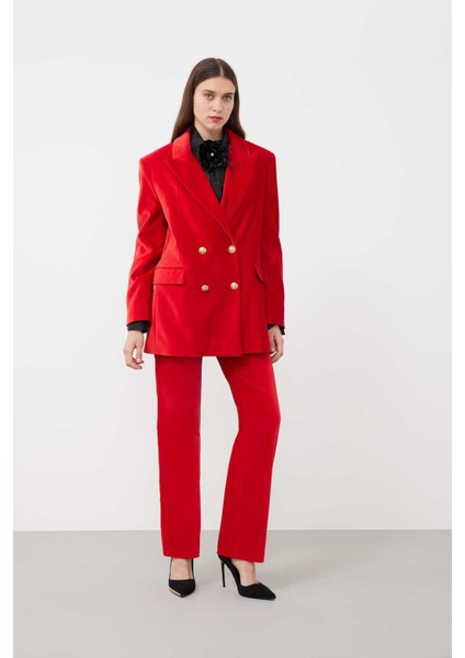 Kruvaze Gold Düğmeli Kadife Ceket Kırmızı K2316052_006