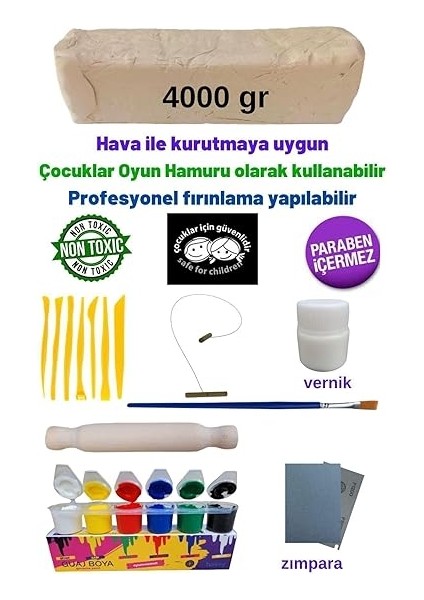 Doğal Seramik Hamuru Seramik Hamuru 4000 Gr, 7li Plastik Ebeşuar (Modelaj Seti), Kesme Teli-Ipi, Guaj, Doğal Kil Çamuru Karışık fırsatları