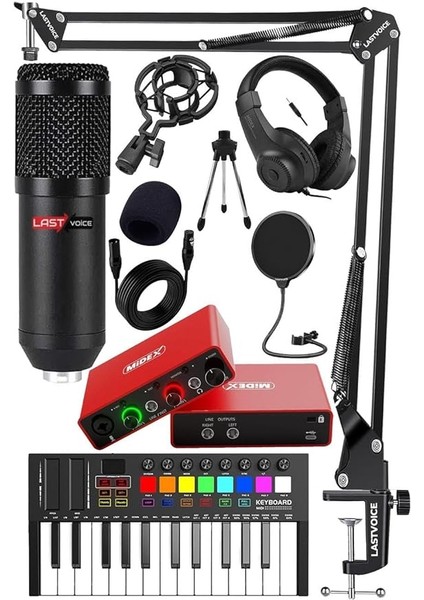 Midi Paket-1 Stüdyo Ekipmanları Seti Ses Kartı Midi Klavye Mikrofon Kulaklık