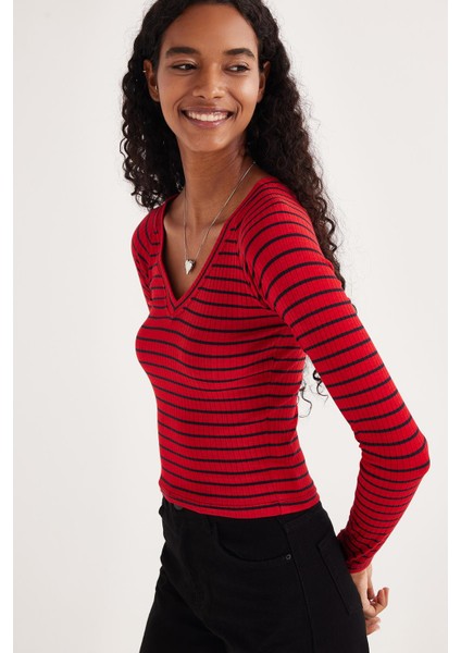 Kadın Slim Fit Dar Kesim Çizgili Uzun Kollu Geniş Yaka Bluz fiyatları